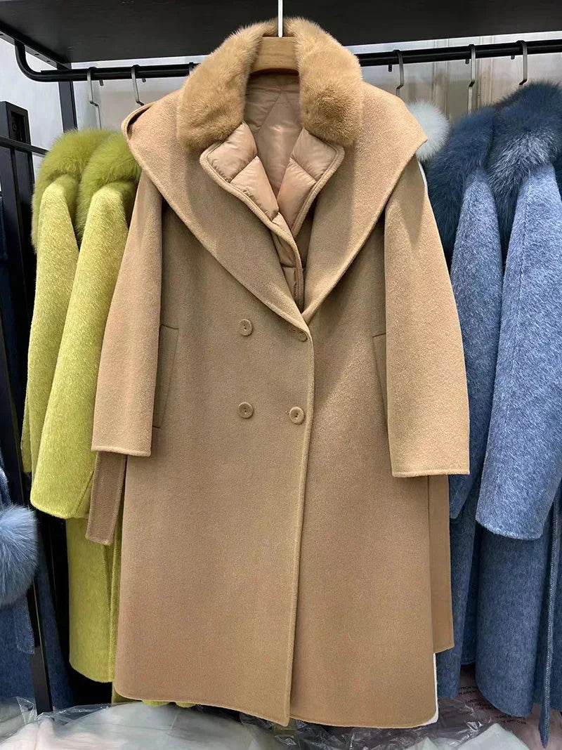 2024 Lady Winter Wool Coats Elegant Natural Fur Long Trench Coats Women Mink Fur Collar Down Coats