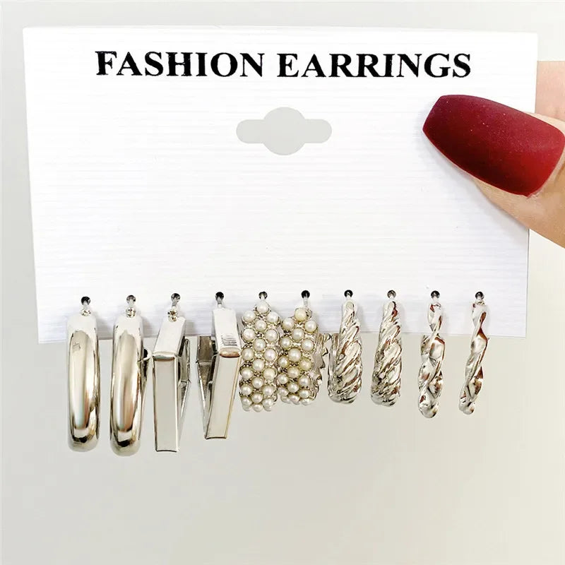 Boho Big Circle Hoop Earring Set for Women, Gold Color Bohemia Vintage Pearl Earring, Heart Zircon Ear Studs Jewelry Gifts