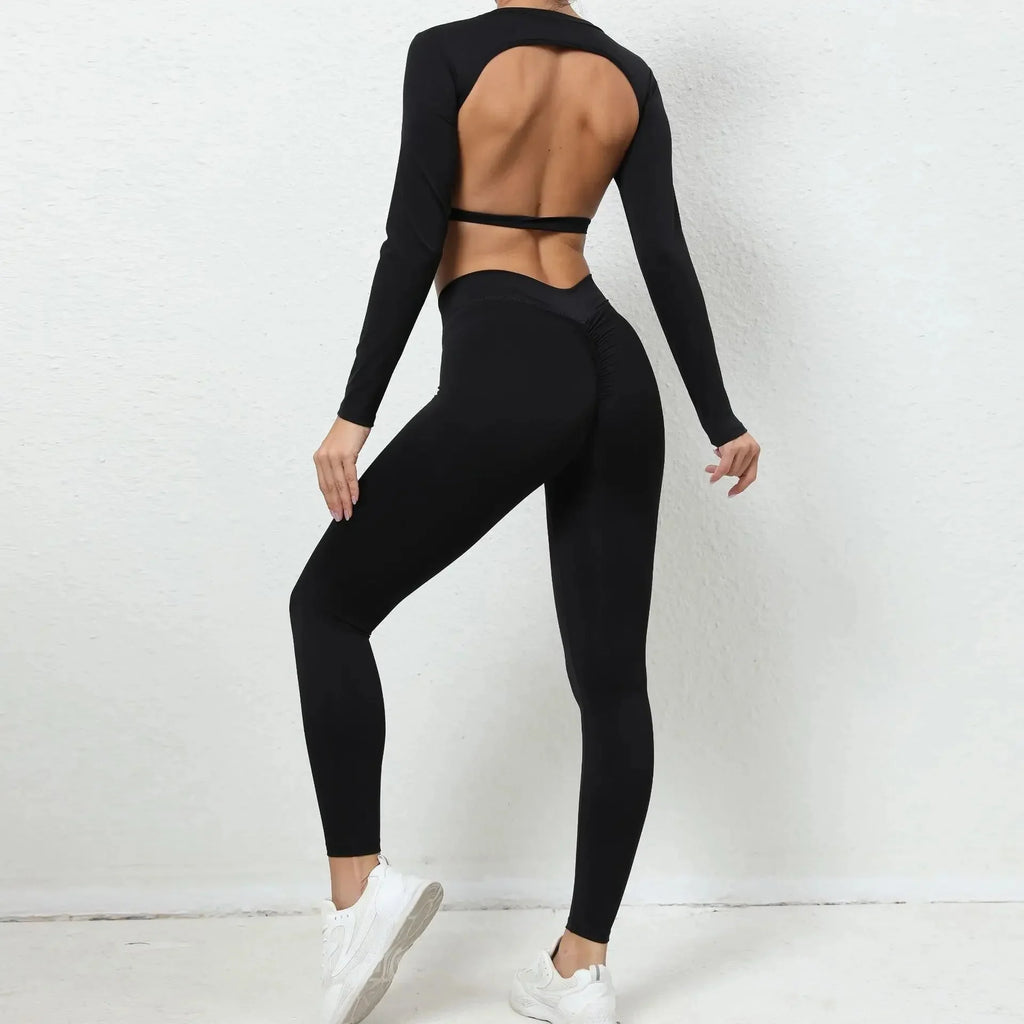 Seamless Backless Yoga Sets Sports Fitness High Waist Hip-lifting Trousers Long-Sleeved Suit Workout Gym Leggings Set for Women