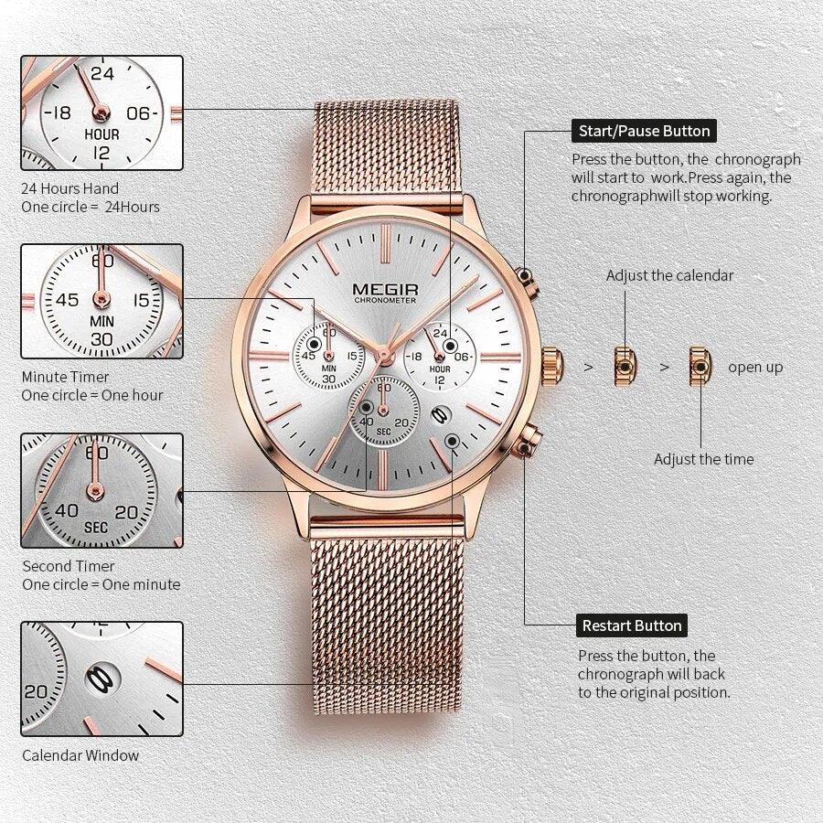 MEGIR Brand Luxury Women Watches Fashion Quartz Ladies Watch Sport Relogio Feminino Wristwatch Waterproof Dress Clock 2011