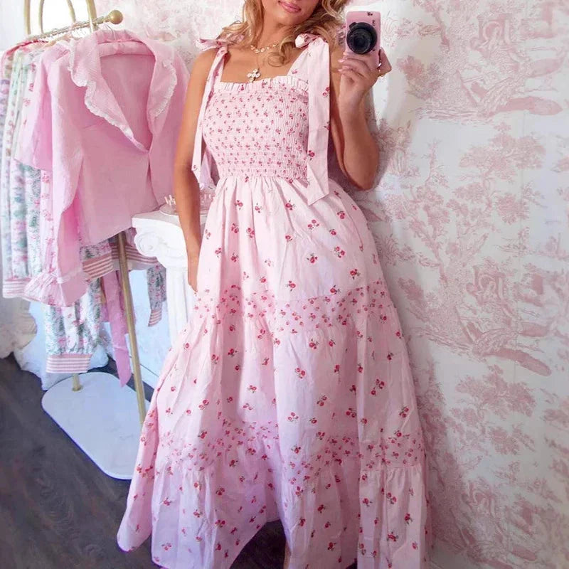Sweet Elegant Sleeveless Long Dress Floral Print Bow Suspender Beach Dress New Summer Off Shoulder Pleated Party Dress Vestidos