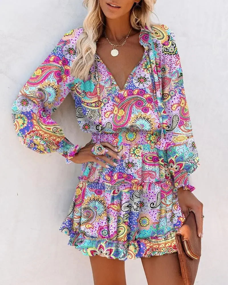 Spring Floral Lantern Sleeve Ruffle Mini Dress
