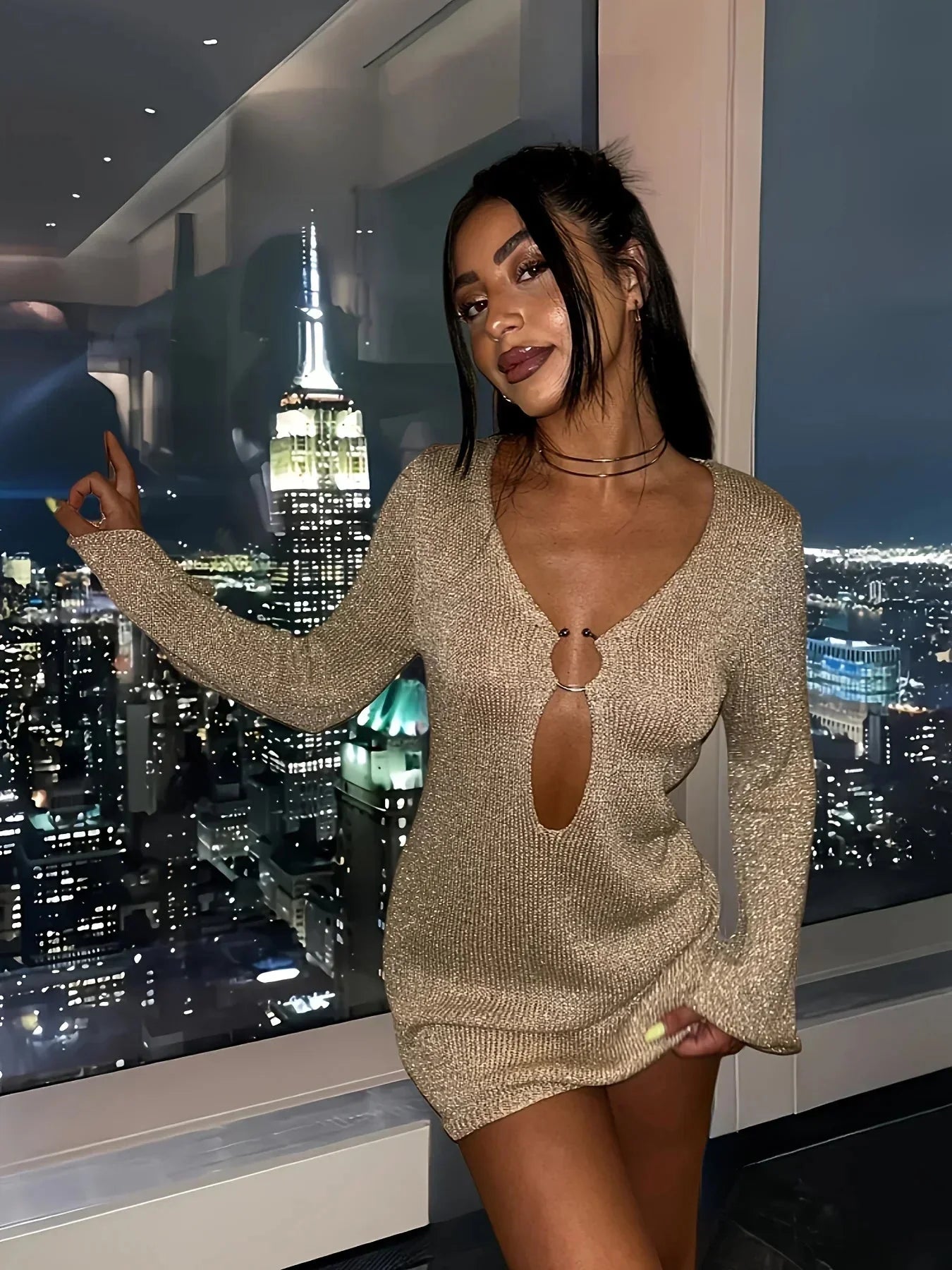 Sexy V Neck Flared Sleeve Slim Knitted Mini Dress 2024 Autumn / Winter Women's Elegant Long Sleeve Vacation Short Dresses A2917