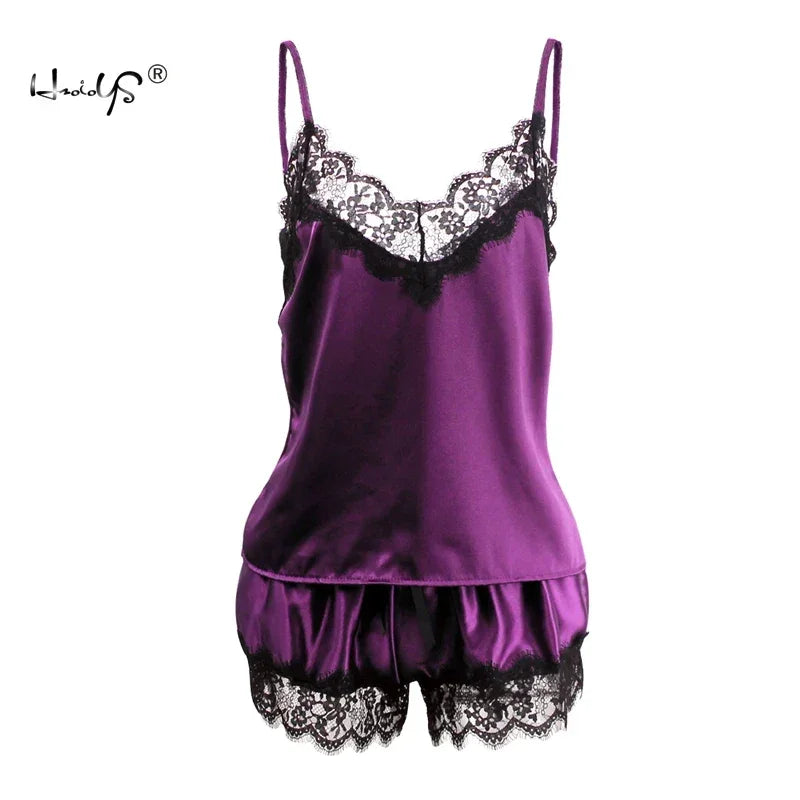 Women's Sleepwear Sexy Satin Pajama Set Cartoon Printing Pyjamas Sleeveless Cute Cami Top and Shorts