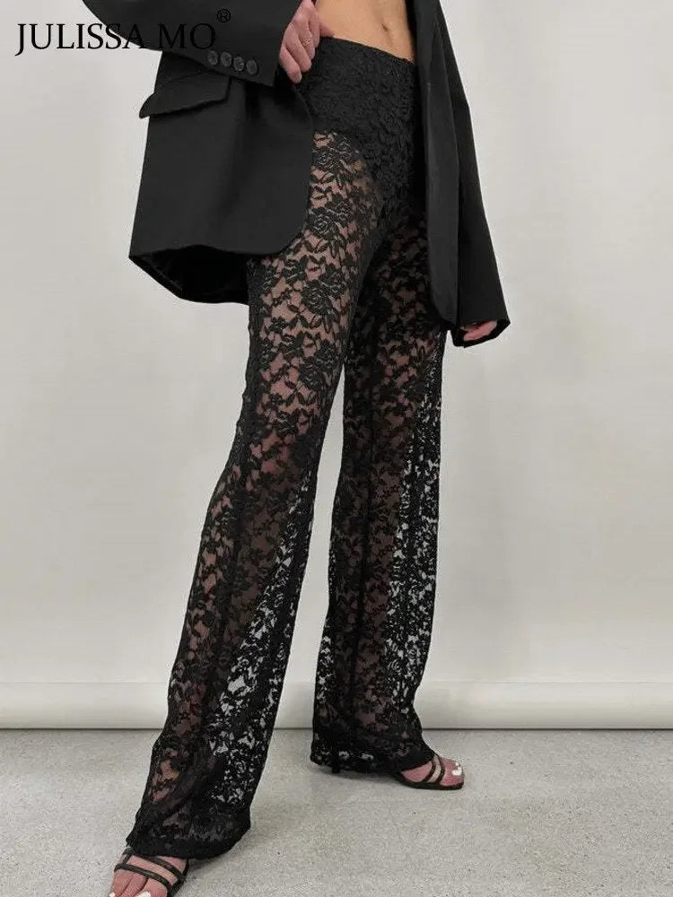 JULISSA MO 2023 Summer See Through Lace High Waist Pants For Women Wide Leg Baggy Trousers Solid Fashion Straight Casual