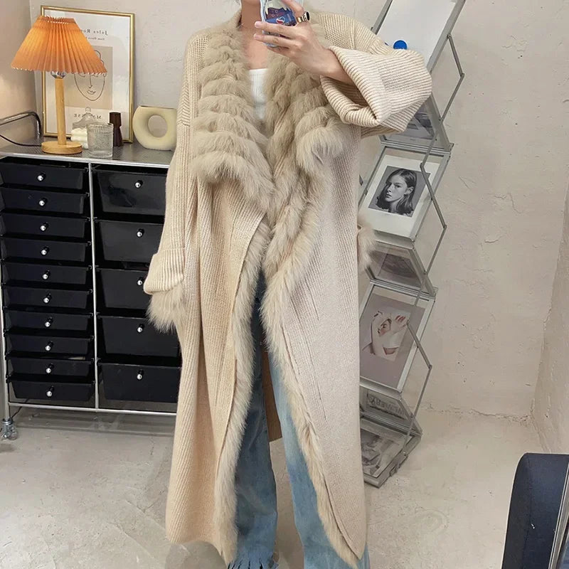 Lady Fashion Sweater Autumn Winter Long Coat 2023 Women's Knitted Cardigan Fox Fur Trim Belt