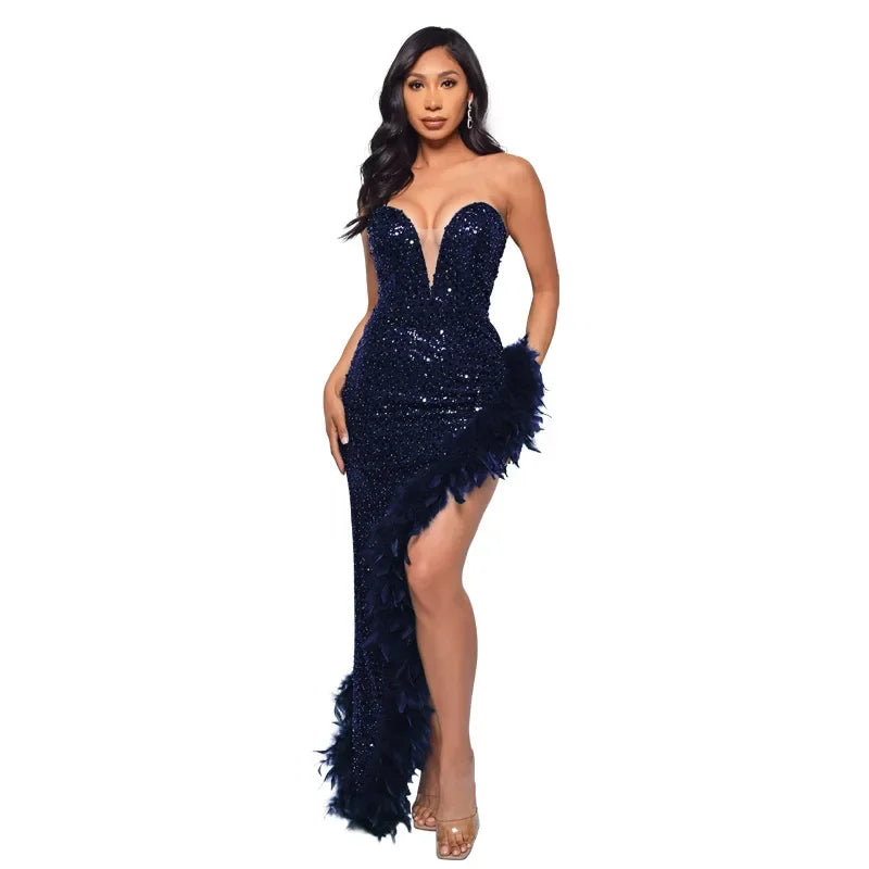 Sequin & Feather Cocktail Party Dress