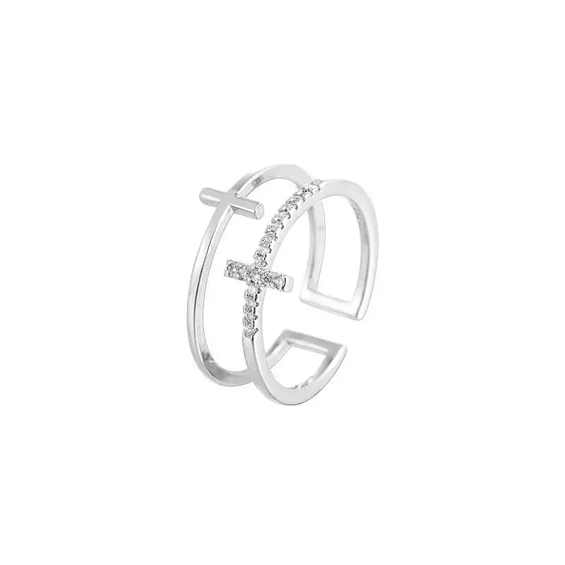 925 Sterling Silver Double Cross Zircon Ring