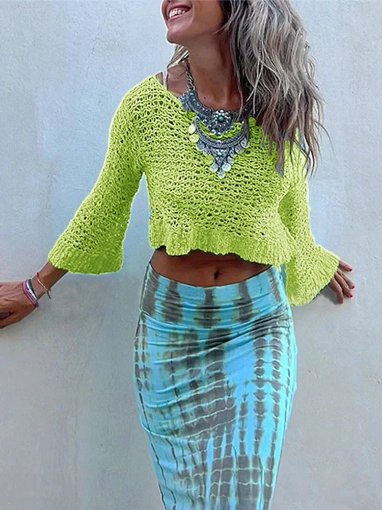 Bohemian Vintage Sweater Pullover Women Knitted Clothing Solid Slim Jumper Hollow Out 3/4 Flare Sleeve Autumn Crochet Crop Top