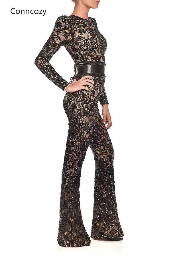 Spring Sexy Jumpsuits Elegant Chic Women Hollow Out Lace Jumpsuits Long Sleeve High Waist Tight Evening Party Overalls White