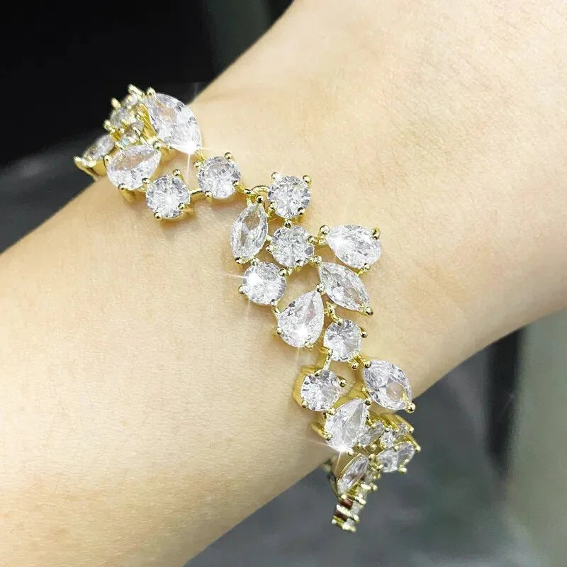 Uilz Luxury Leaf Shaped Bracelet White Gold Color AAA Cubic Zirconia Bracelets Gift for Women Prom Evening Party Jewelry