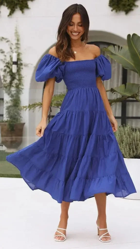 New style bubble sleeve holiday slim long skirt spice girl high waist one shoulder print dress