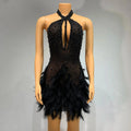 Glitter Feather Pearls Halter Backless Short White Party Dress Women Luxury Celebrate Birthday Outfit Performance Dance Costume