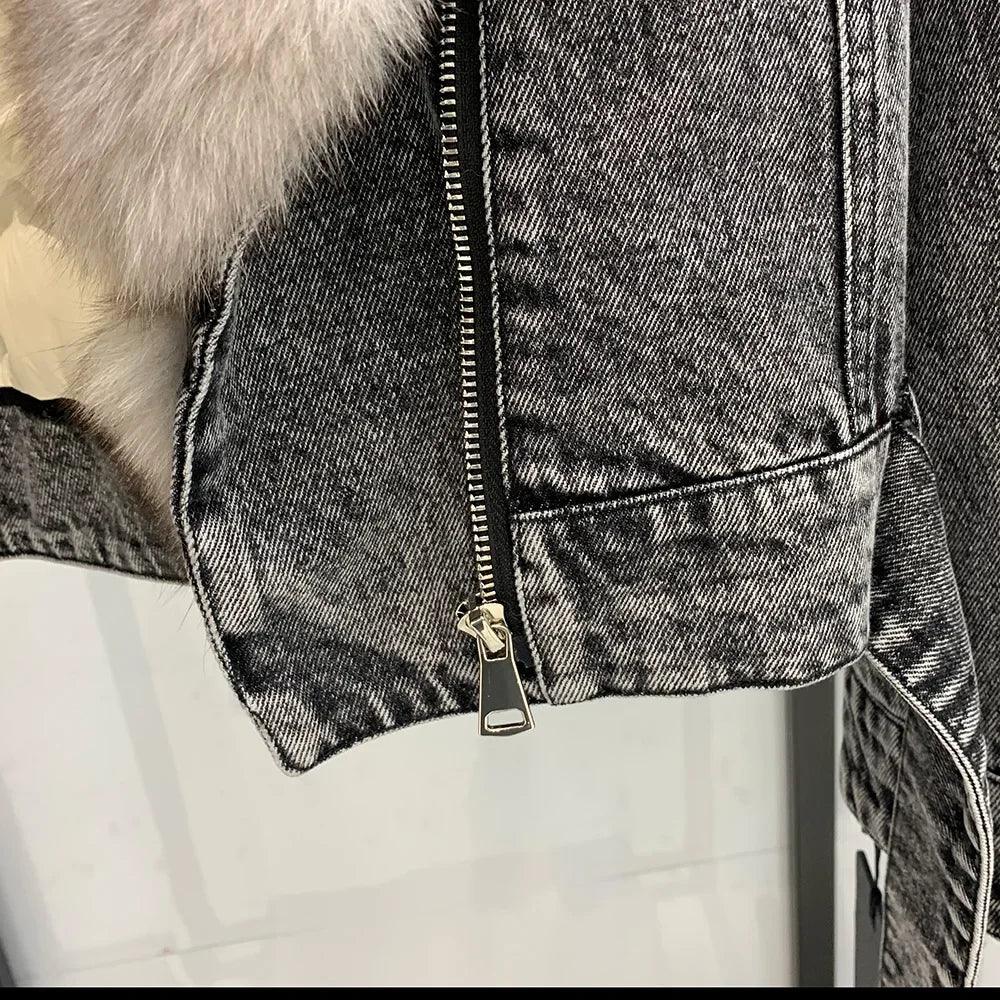 Real Fur Jean Coats Fashion Fur Overcoat Women Denim Jackets with Fox Fur Collar