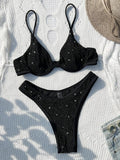 Swimsuit Women 2023 Black Shiny Bikini Sexy High Waist 2 Piece Swimwear Steel Support Female V-neck Beach Bathing Suit YX1378X