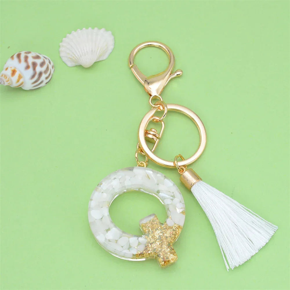 Fashion Bling A to Z Letter Keychain With White Tassel 26 Initial Keychain Car Key Holder Handbag Accessories