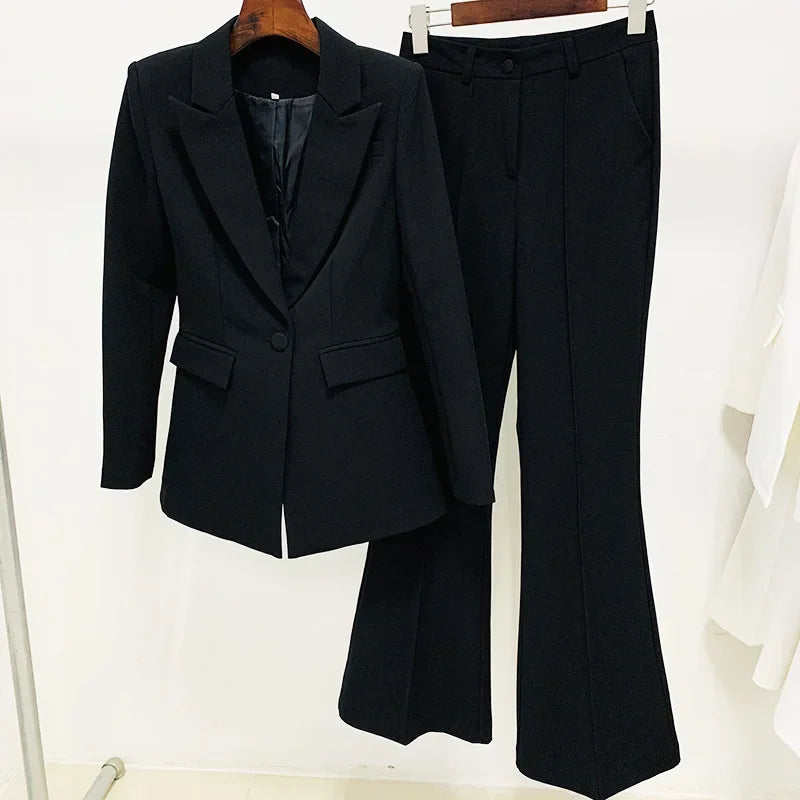 Single Button Flared Pants Blazer + Pants Suit Set