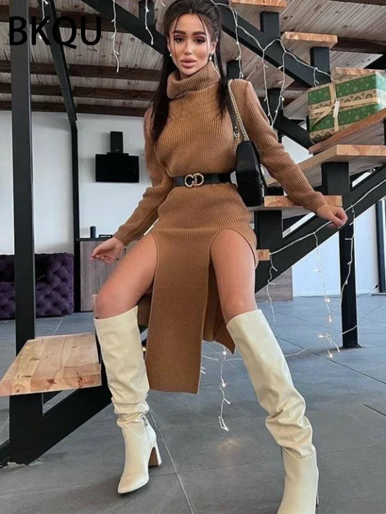 Women's Double Split Ribbed Sweater Midi Dress