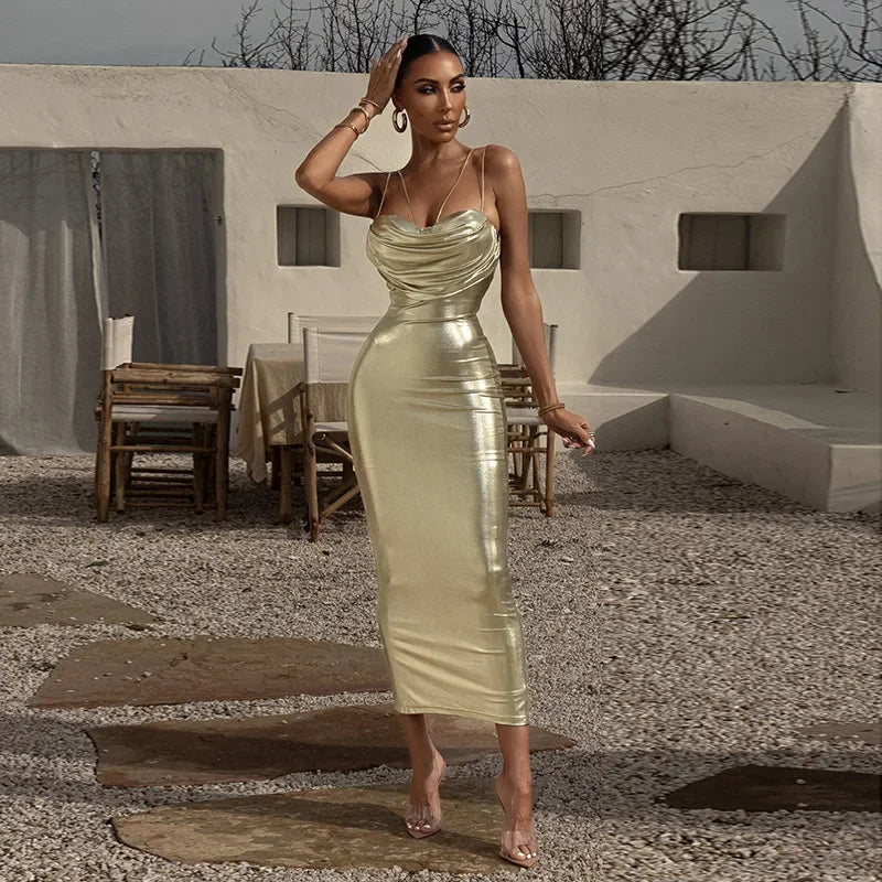 Metallic Soft Gold Slim Midi Dress