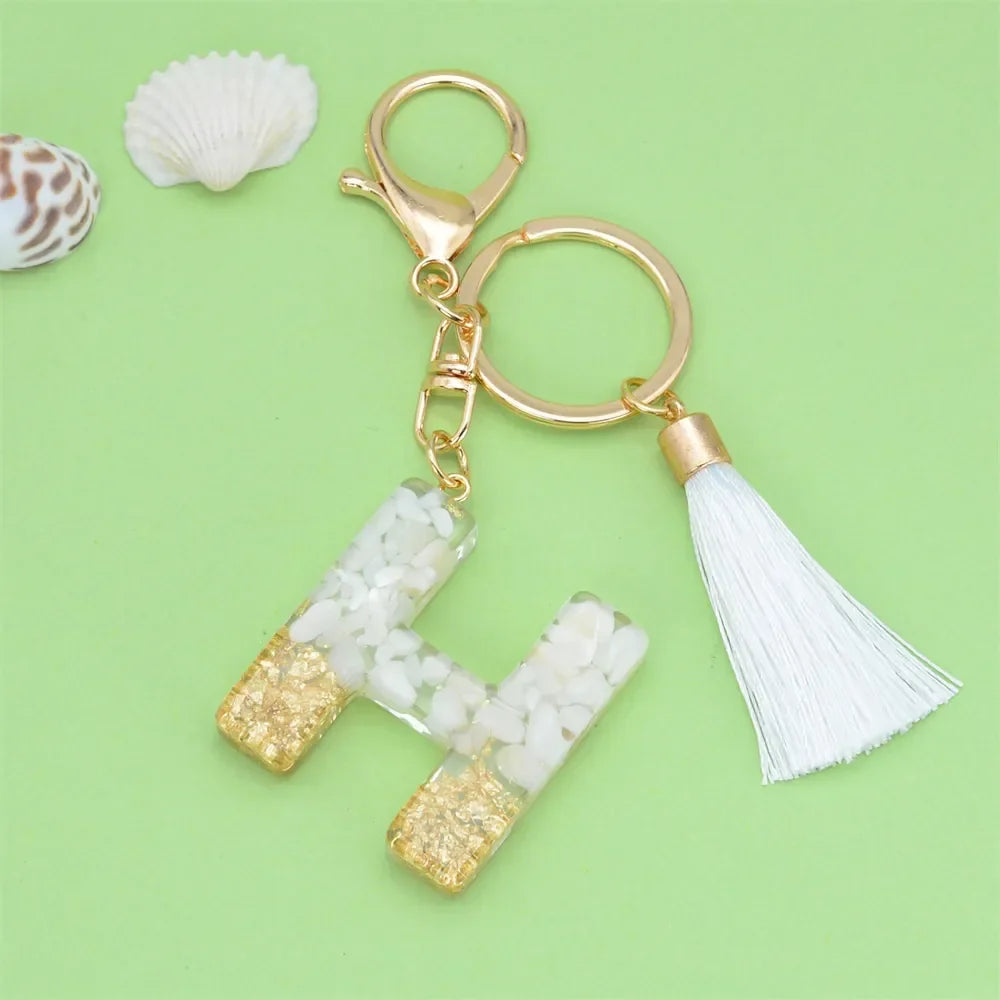 Fashion Bling A to Z Letter Keychain With White Tassel 26 Initial Keychain Car Key Holder Handbag Accessories