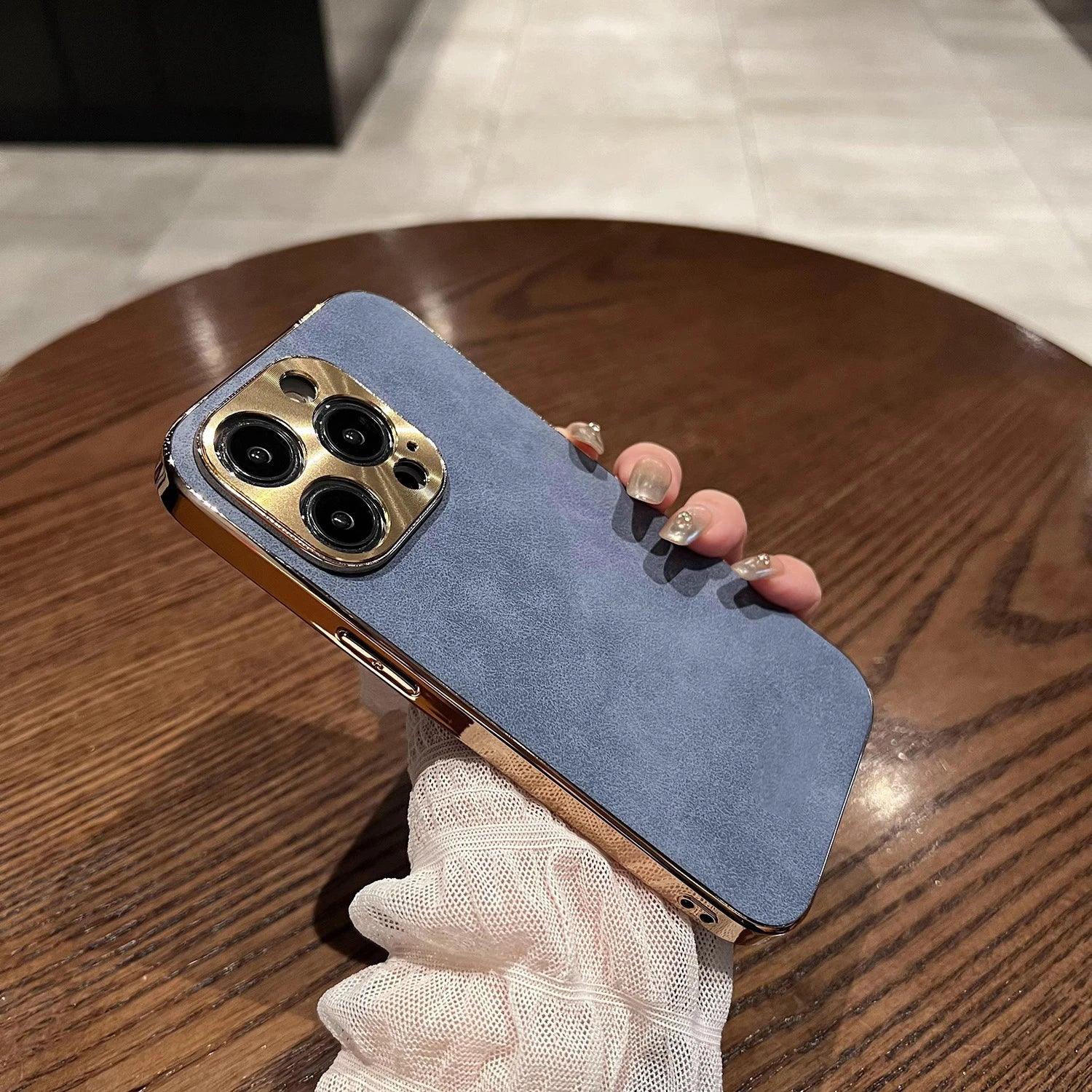 Sheepskin Phone Case For iPhone 15 11 13 12 14 16 Pro Max Plus Plating Bumper Turn Fur Lambskin Leather Metal Lens Phone Cover