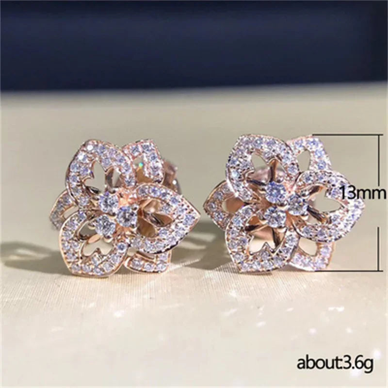 Retro Fashion High-grade Crystal Rose Earrings Women Zircon Ear Studs Wedding Jewelry Gifts