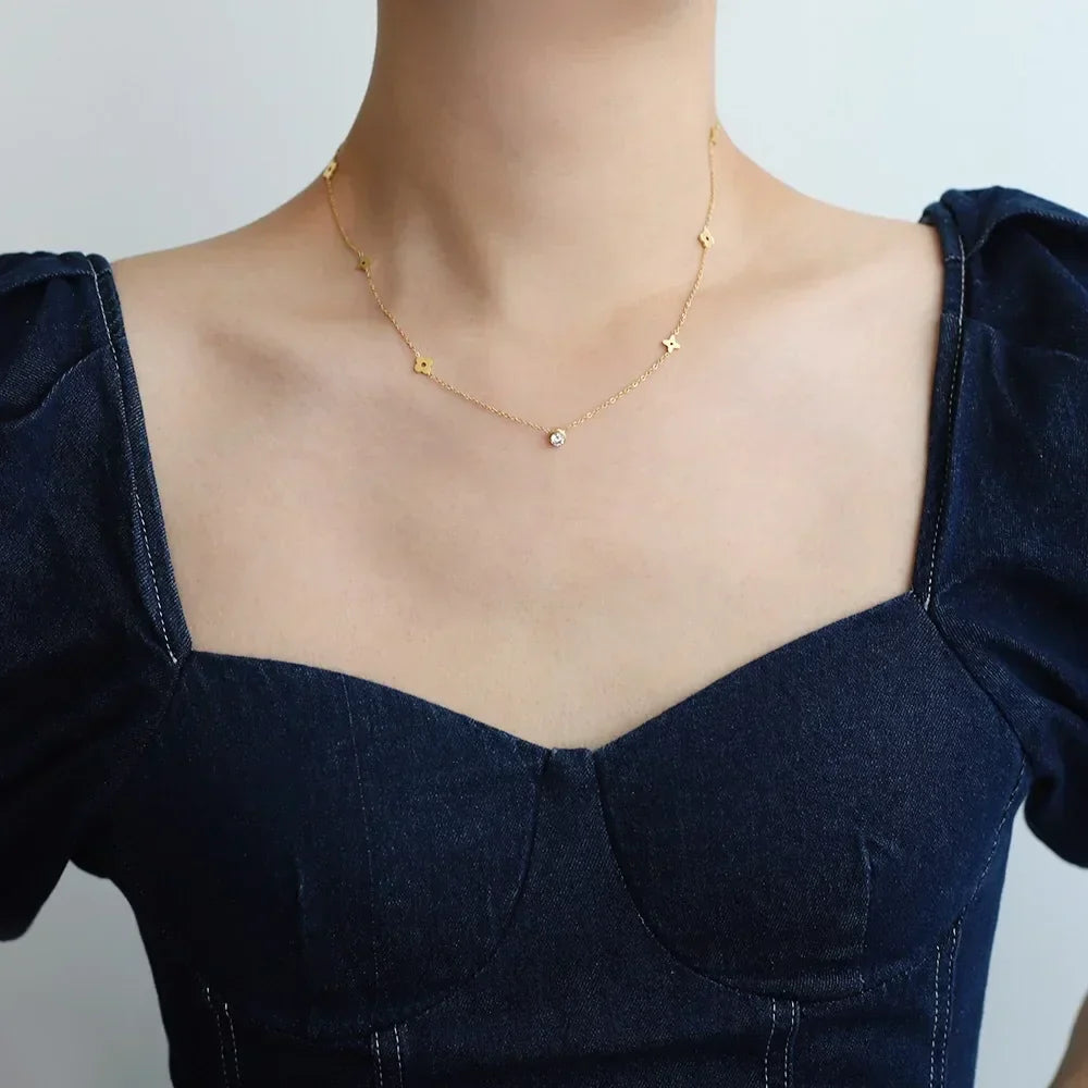 Lux Stainless Steel Zircon Flower Necklace