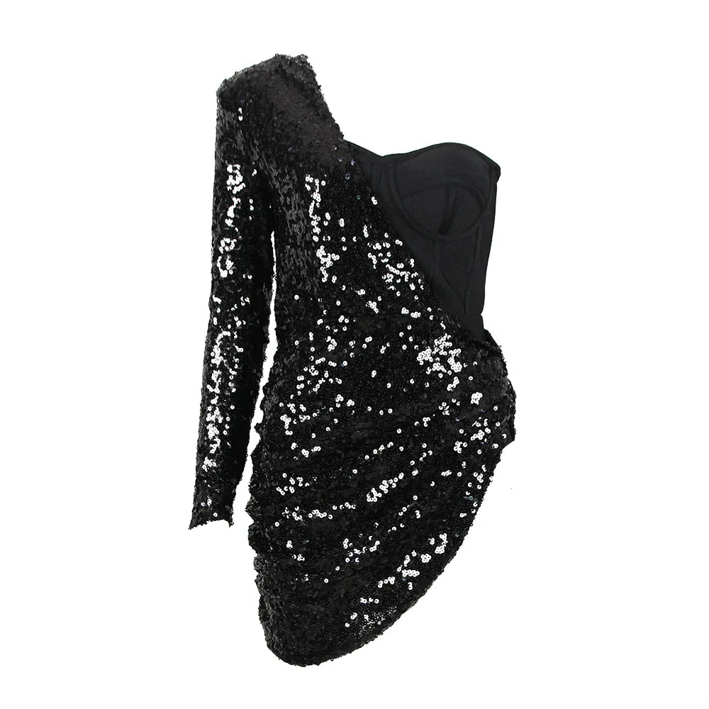 Goddess Sequin One Shoulder Mini Dresses
