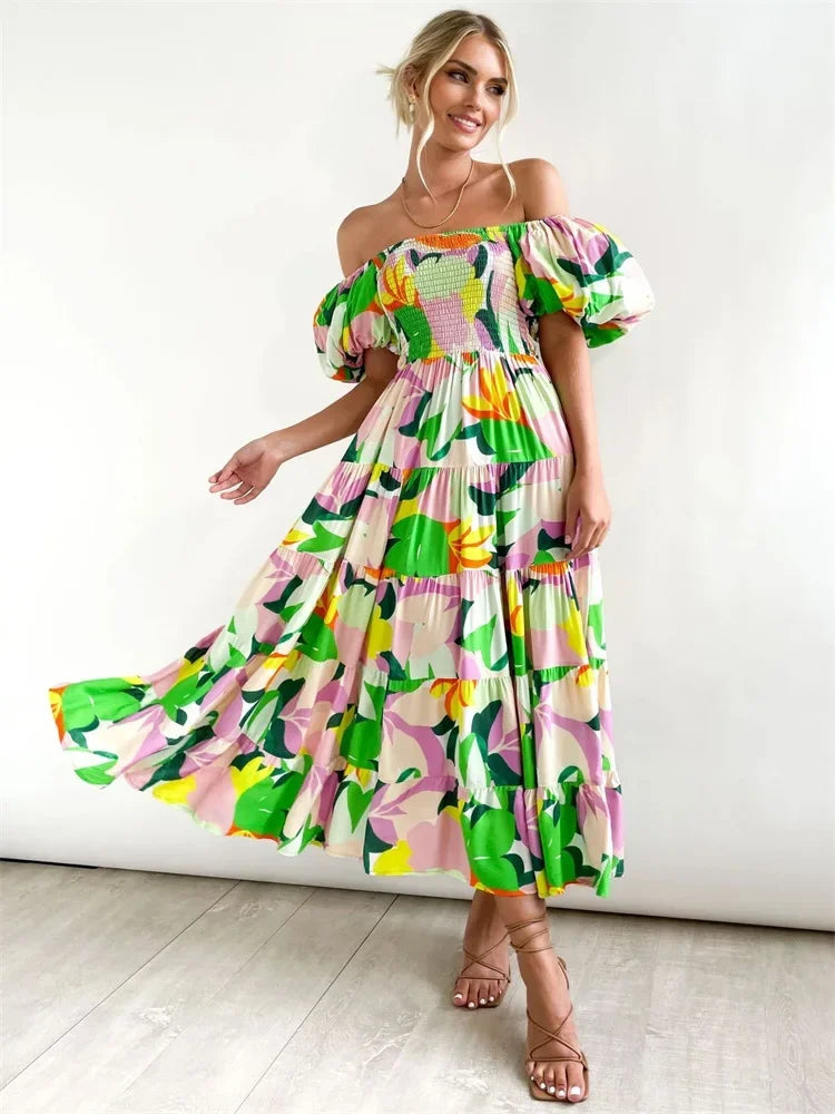 New style bubble sleeve holiday slim long skirt spice girl high waist one shoulder print dress
