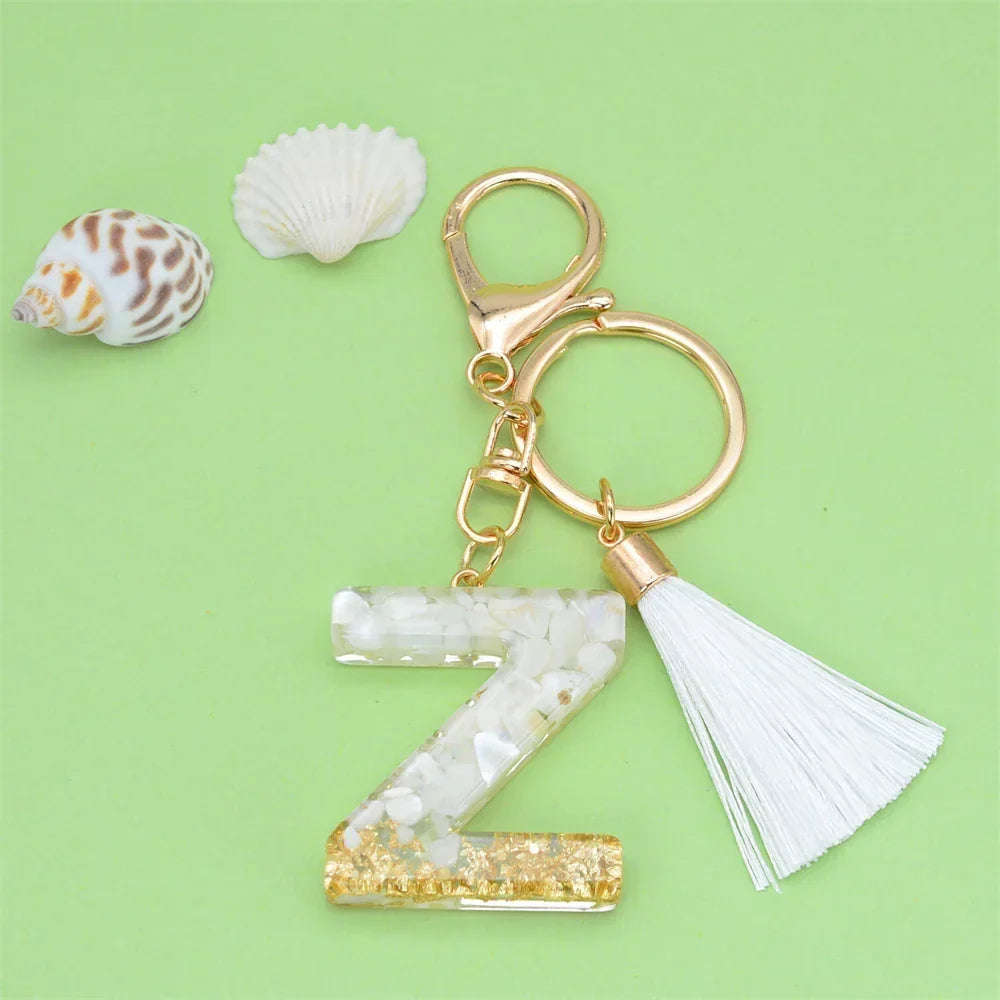 Fashion Bling A to Z Letter Keychain With White Tassel 26 Initial Keychain Car Key Holder Handbag Accessories