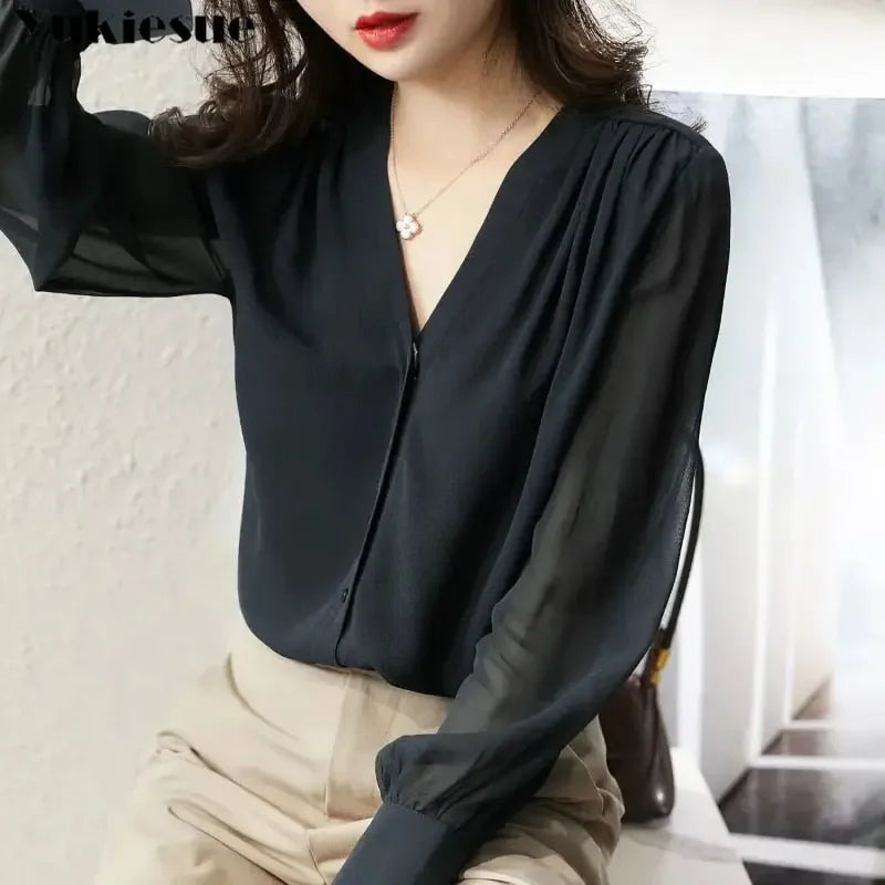 Spring Summer Elegant blouse women Korean Chiffon Shirt Women Long Sleeve Ruffled Women's shirts and blouses Office Lady Tops