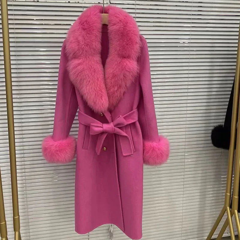 Long Wool Cashmere Blended Coat Real Fox Fur Cuffs & Collar