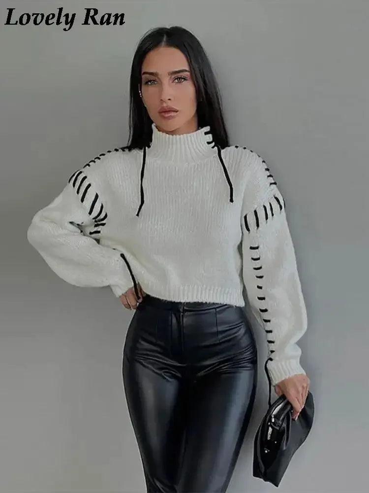 Quilted Turtleneck Contrast Cropped Cashmere Sweater Women's Mohair Long Sleeved Knitted Pullover Jumper Winter Warm Sweaterwear