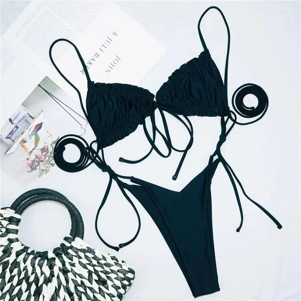 Bikinis 2025 Woman 3 Colors Sexy Ruffled Frilled Bikini Women Swimwear Female Swimsuit Two-piece Bikini set Lace Up Bathing Suit