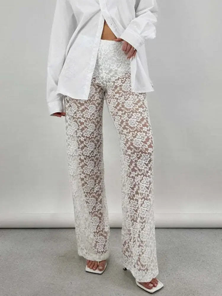 JULISSA MO 2023 Summer See Through Lace High Waist Pants For Women Wide Leg Baggy Trousers Solid Fashion Straight Casual