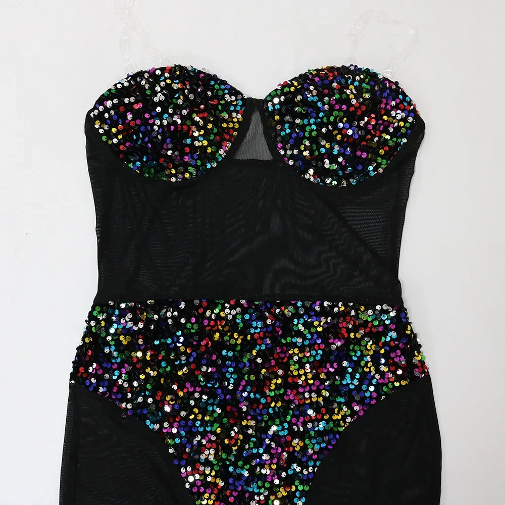 Sexy Mesh Sequin Corset Maxi Party Dress