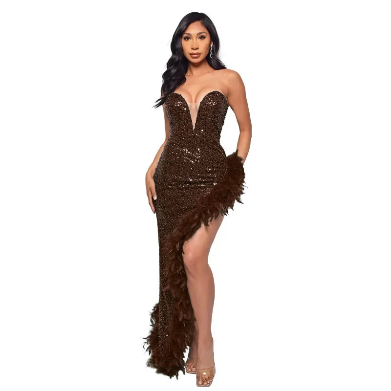 Sequin & Feather Cocktail Party Dress