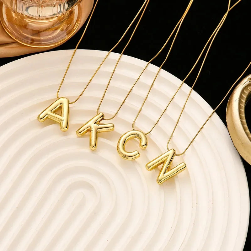Stainless Steel Chain Gold Plated Letter Necklaces Chunky Alphabet Balloon Bubble Initial Pendant Necklace for Women Men Jewelry