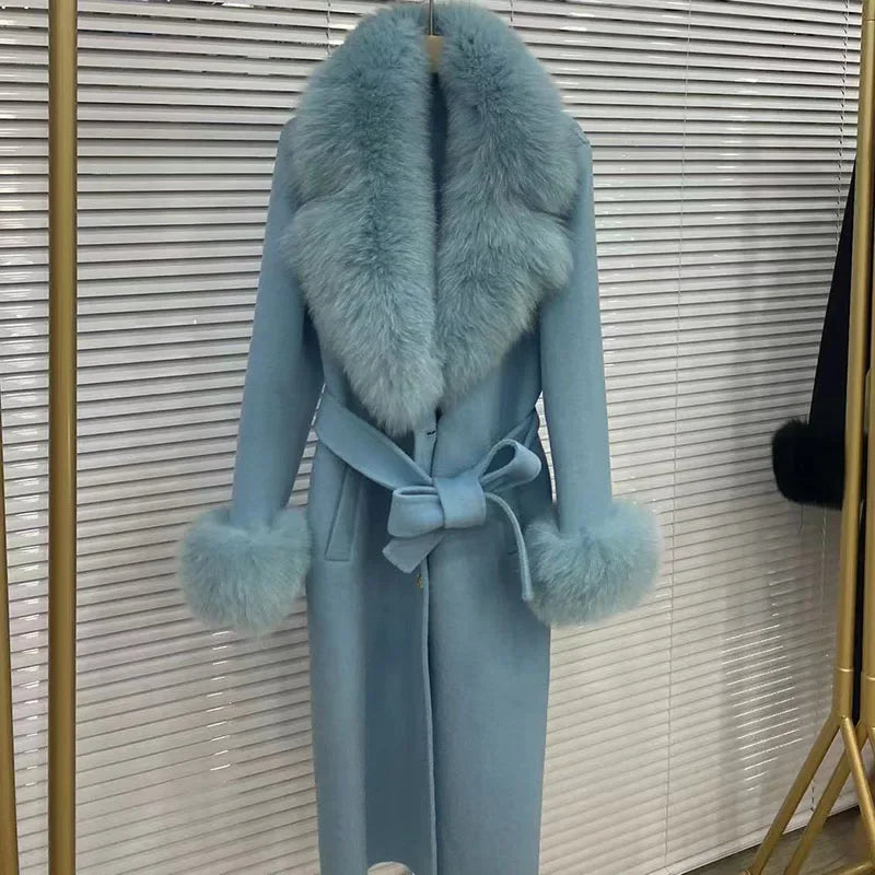 Long Wool Cashmere Blended Coat Real Fox Fur Cuffs & Collar