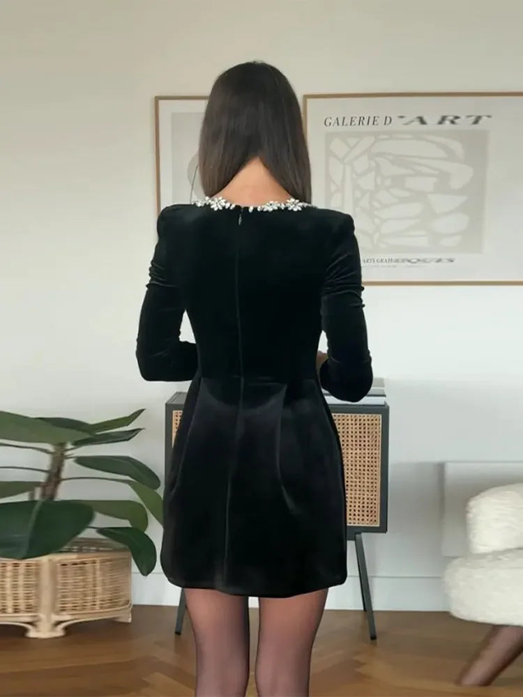 Square Collar Beaded Velvet Mini Dress For Women Flower Decor Long Sleeve A-line Dresses 2024 Lady Chic Casual Party Vestidos