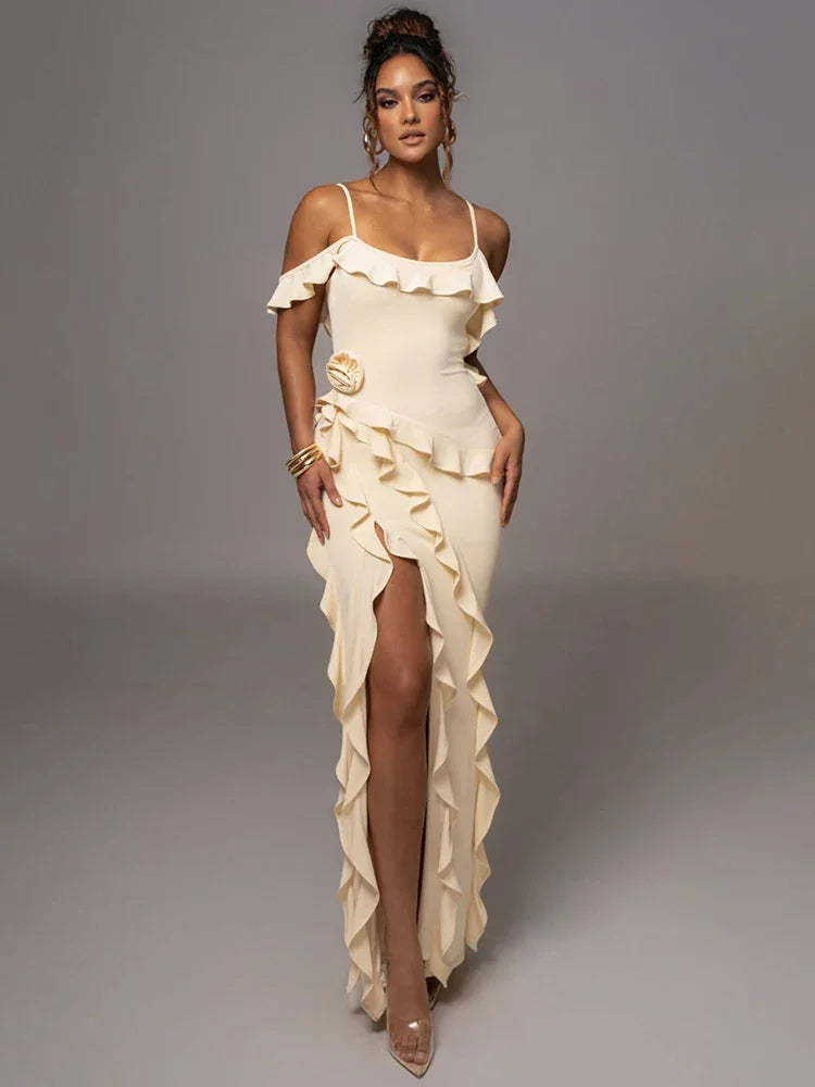 LUX Red Ruffle Slit Maxi Dress