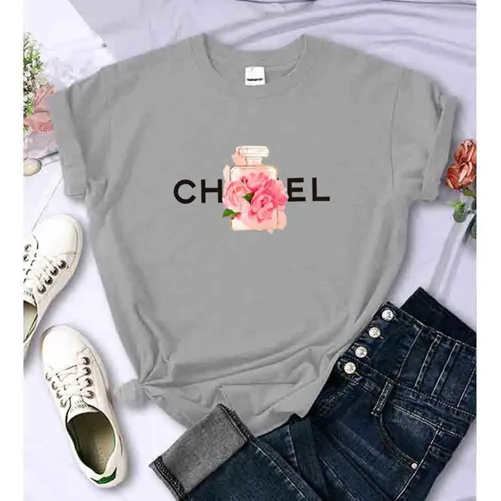 Women Summer T-Shirt Alphabet Flowers Perfume Print Cotton Tees Luxury Short Sleeve Tee Solid Color Street Y2K Top Female Cloth