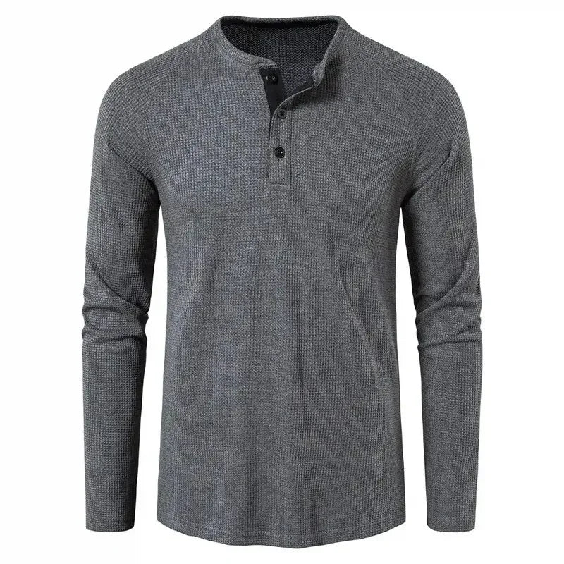 Fashion Waffle Cotton T Shirt Men 2023 Autumn New Slim Fit Long Sleeve Henley Tshirt Men Streetwear Casual Solid Color T-Shirt