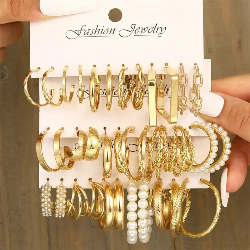 Boho Big Circle Hoop Earring Set for Women, Gold Color Bohemia Vintage Pearl Earring, Heart Zircon Ear Studs Jewelry Gifts