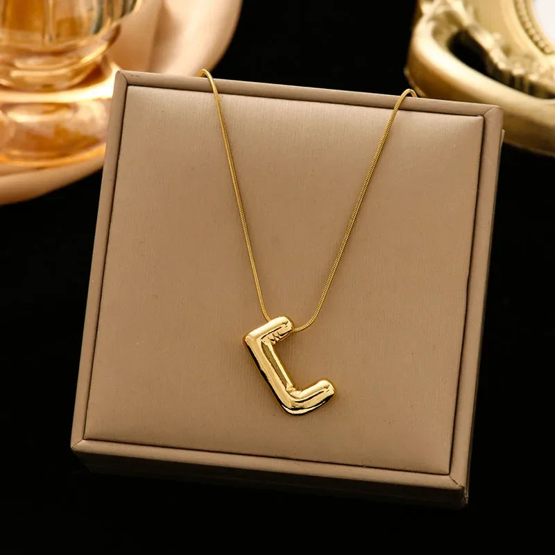 Stainless Steel Chain Gold Plated Letter Necklaces Chunky Alphabet Balloon Bubble Initial Pendant Necklace for Women Men Jewelry
