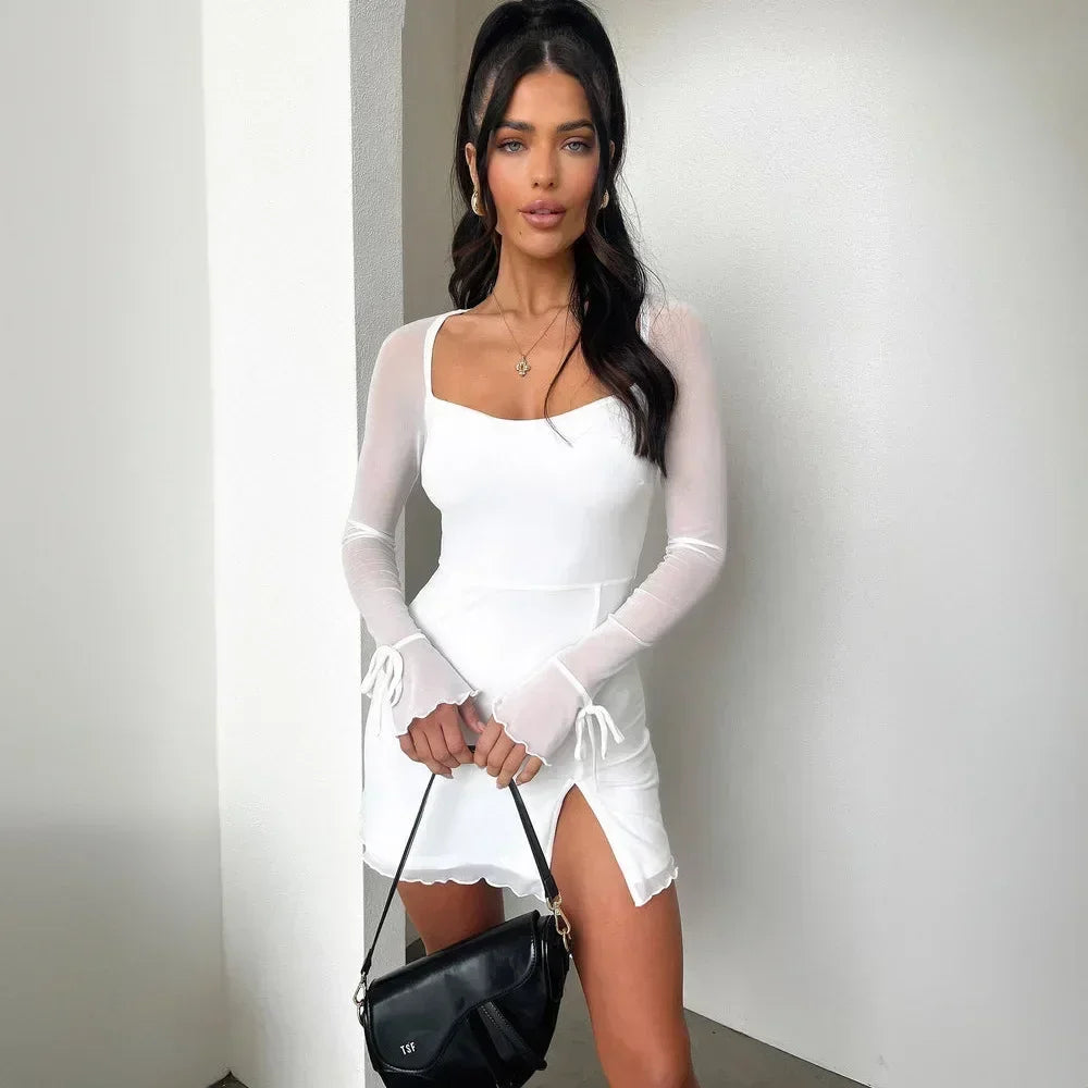 BOOFEENAA See Through Mesh Long Sleeve Dress White Black Sexy Club Outfits Square Neck Slit Mini Dresses for Women C18-BH24