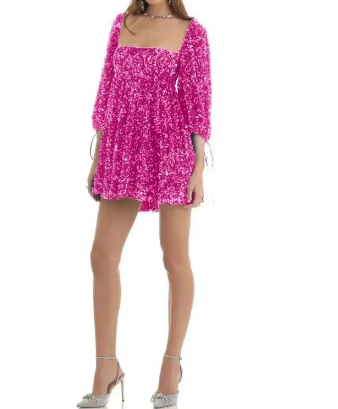 New Fashion Sexy Sequin Short Sleeve Square Neck Solid Color Slim Fit Dress For Women,5 Colors