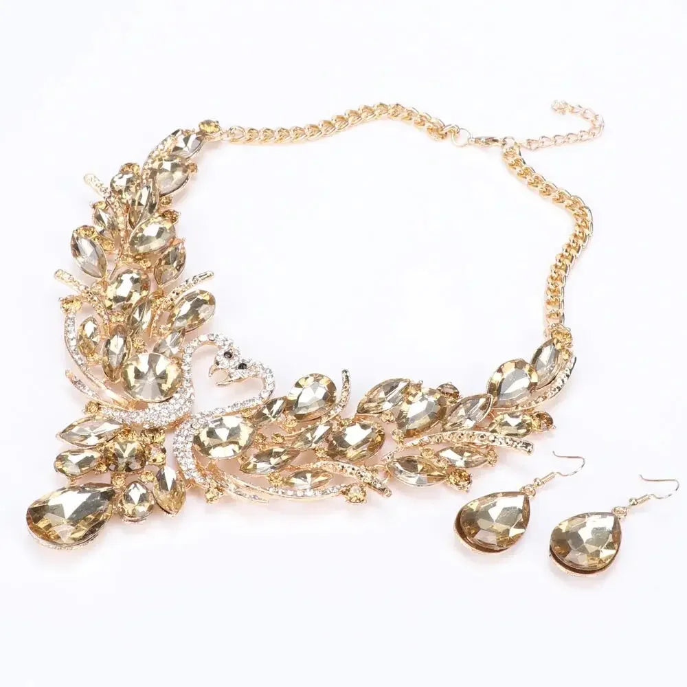 Crystal Bridal Jewelry Sets Gold Color Swan Pendant Necklace Women Gift Party Wedding Prom Necklace Earring Accessories