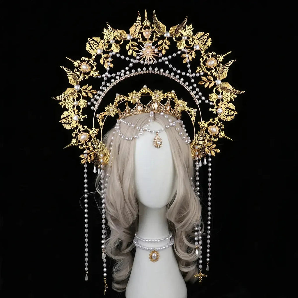 Sun Goddess Angel KC Halo Crown Headpiece Queen Anna Baroque Pearl Tiara Headband Lolita Collection Gothic Accessories