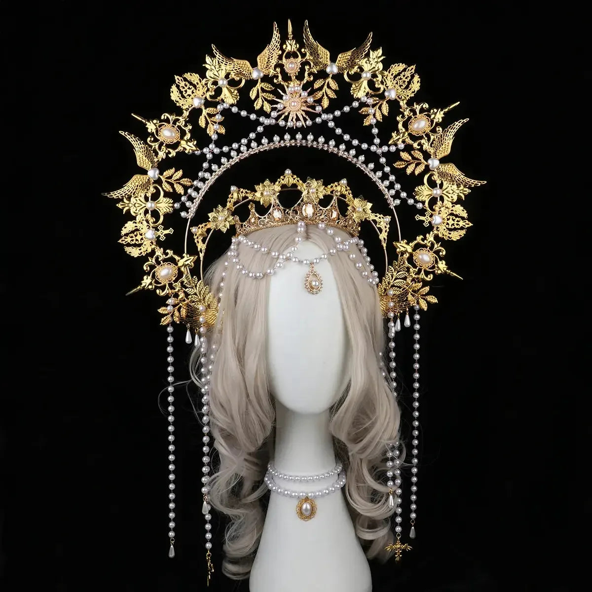 Sun Goddess Angel KC Halo Crown Headpiece Queen Anna Baroque Pearl Tiara Headband Lolita Collection Gothic Accessories